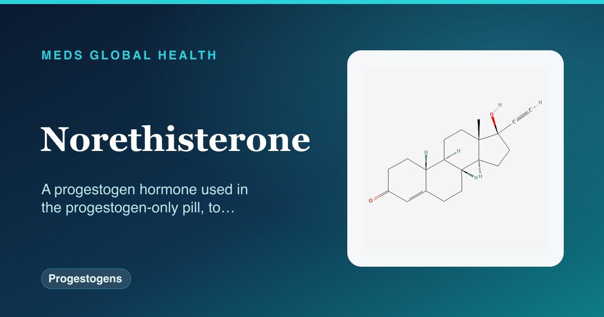 Norethisterone (Progestogens) — Meds Global Health reference card with 2D molecular structure