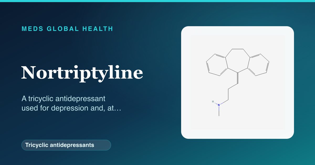 Nortriptyline (Tricyclic antidepressants) — Meds Global Health reference card with 2D molecular structure