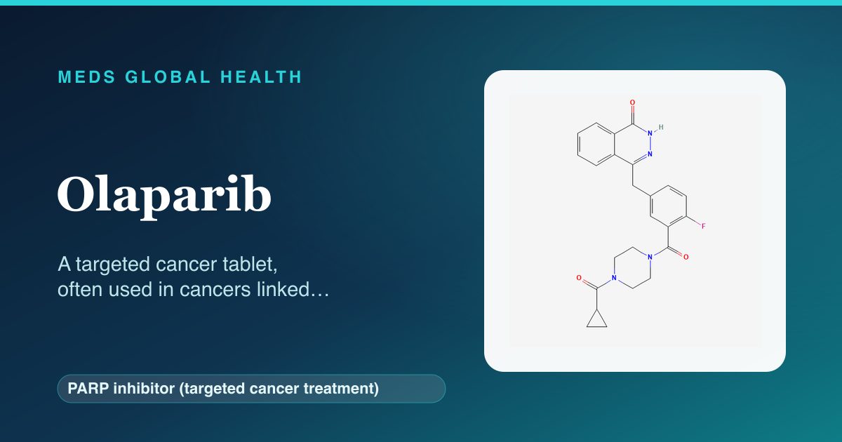 Olaparib (PARP inhibitor (targeted cancer treatment)) — Meds Global Health reference card with 2D molecular structure