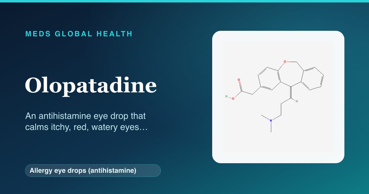 Olopatadine (Allergy eye drops (antihistamine)) — Meds Global Health reference card with 2D molecular structure