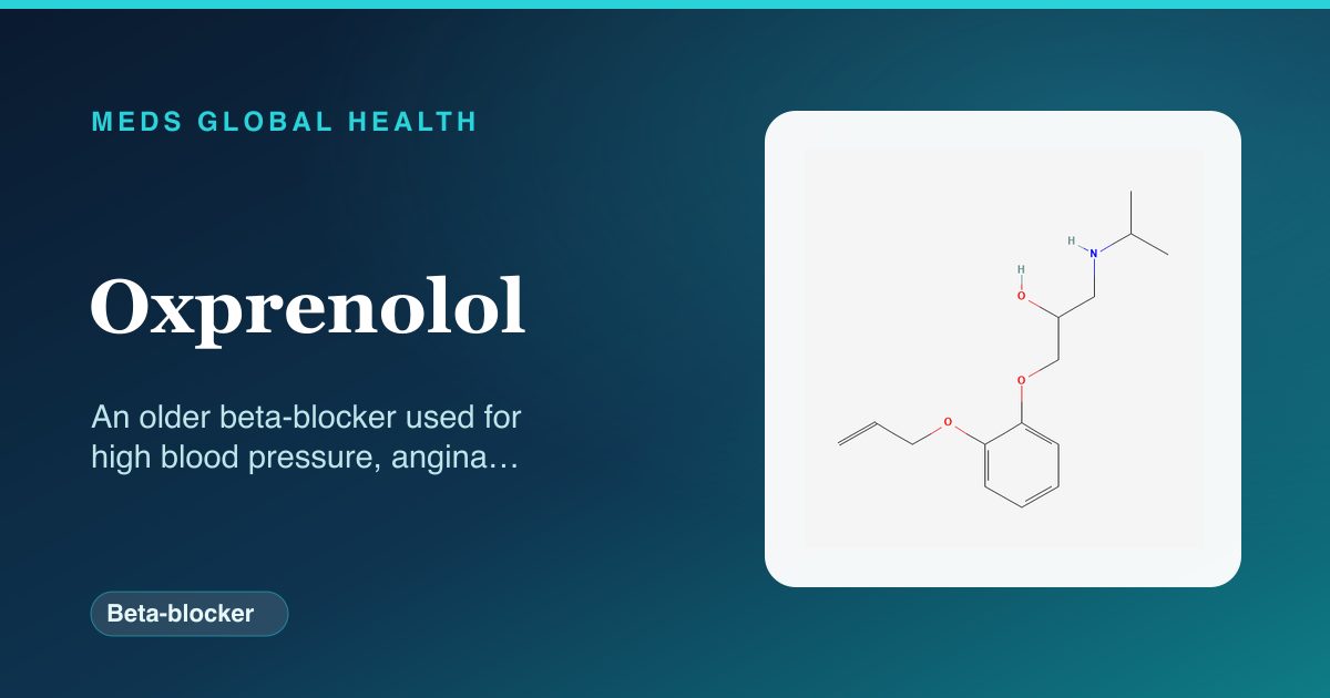 Oxprenolol (Beta-blocker) — Meds Global Health reference card with 2D molecular structure