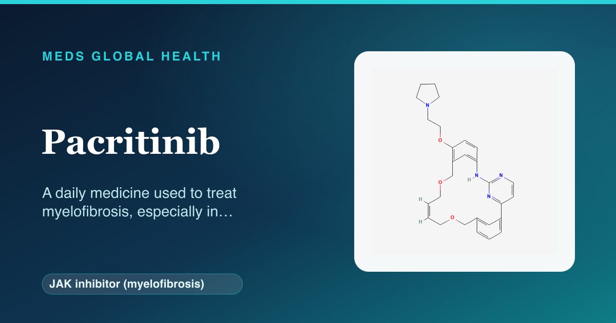 Pacritinib (JAK inhibitor (myelofibrosis)) — Meds Global Health reference card with 2D molecular structure