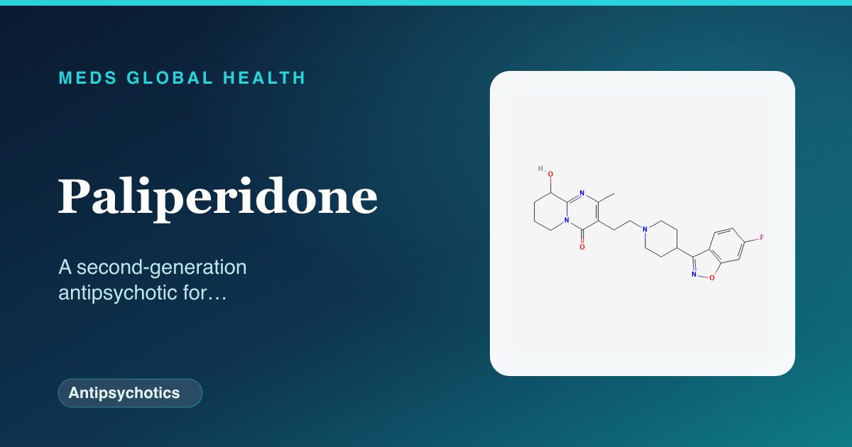 Paliperidone (Antipsychotics) — Meds Global Health reference card with 2D molecular structure