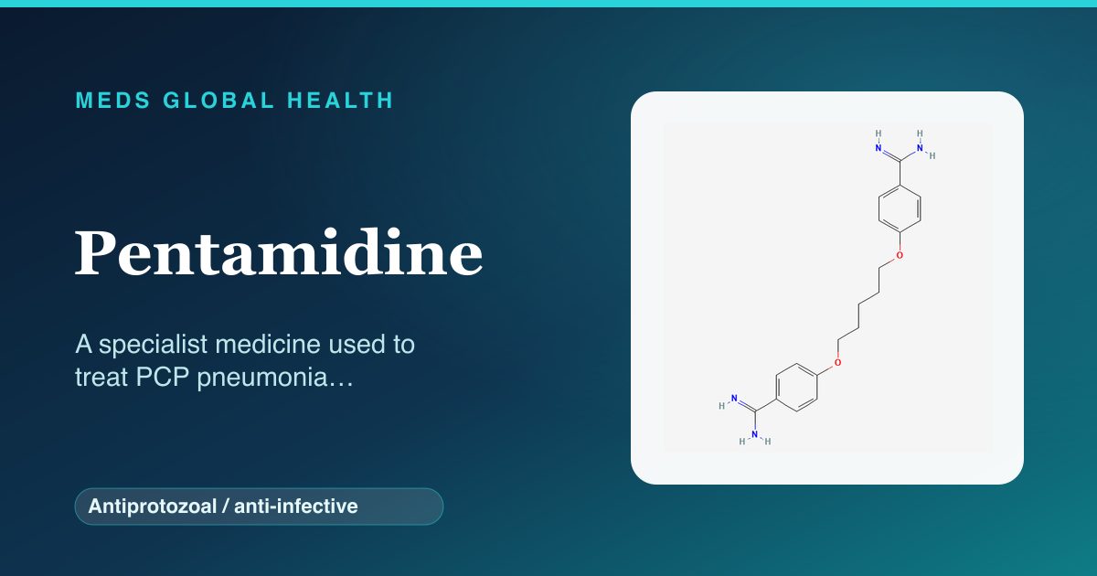 Pentamidine (Antiprotozoal / anti-infective) — Meds Global Health reference card with 2D molecular structure