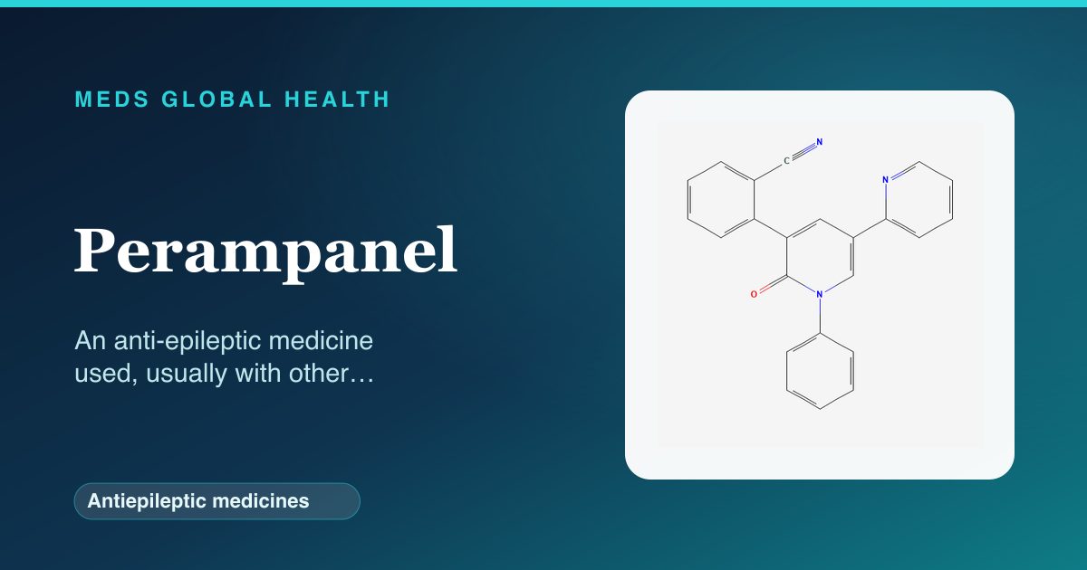 Perampanel (Antiepileptic medicines) — Meds Global Health reference card with 2D molecular structure