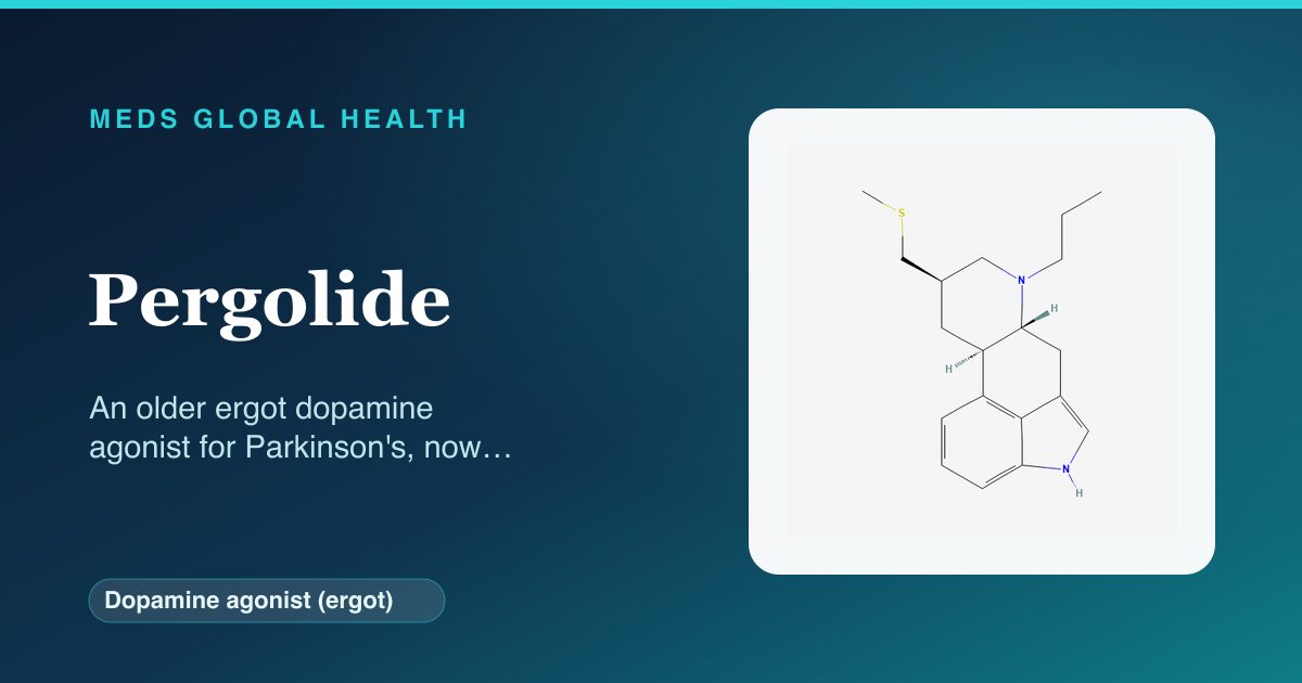 Pergolide (Dopamine agonist (ergot)) — Meds Global Health reference card with 2D molecular structure