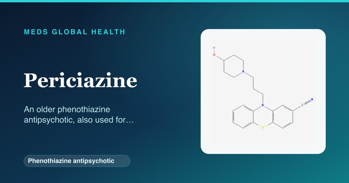 Periciazine (Phenothiazine antipsychotic) — Meds Global Health reference card with 2D molecular structure