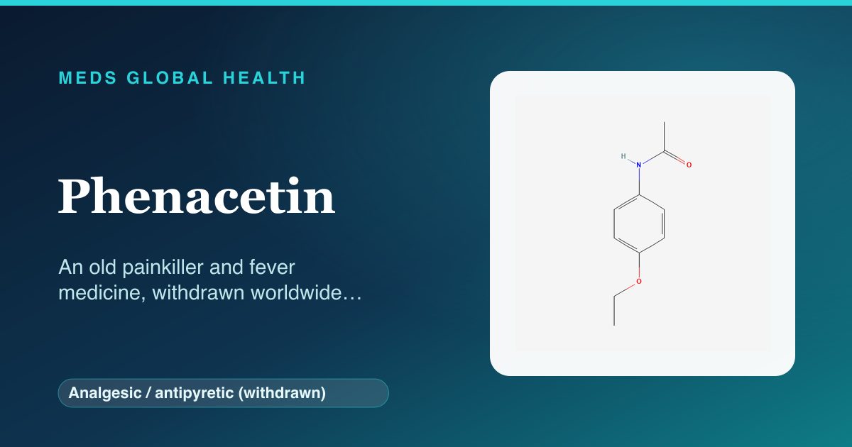 Phenacetin (Analgesic / antipyretic (withdrawn)) — Meds Global Health reference card with 2D molecular structure