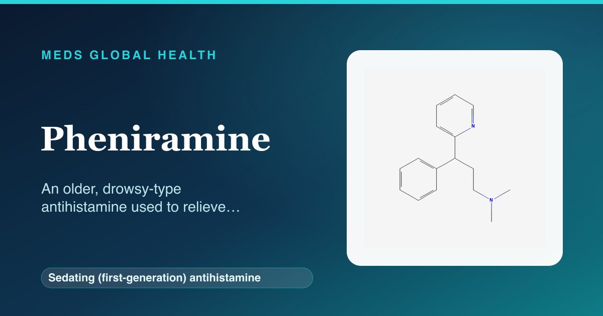 Pheniramine (Sedating (first-generation) antihistamine) — Meds Global Health reference card with 2D molecular structure