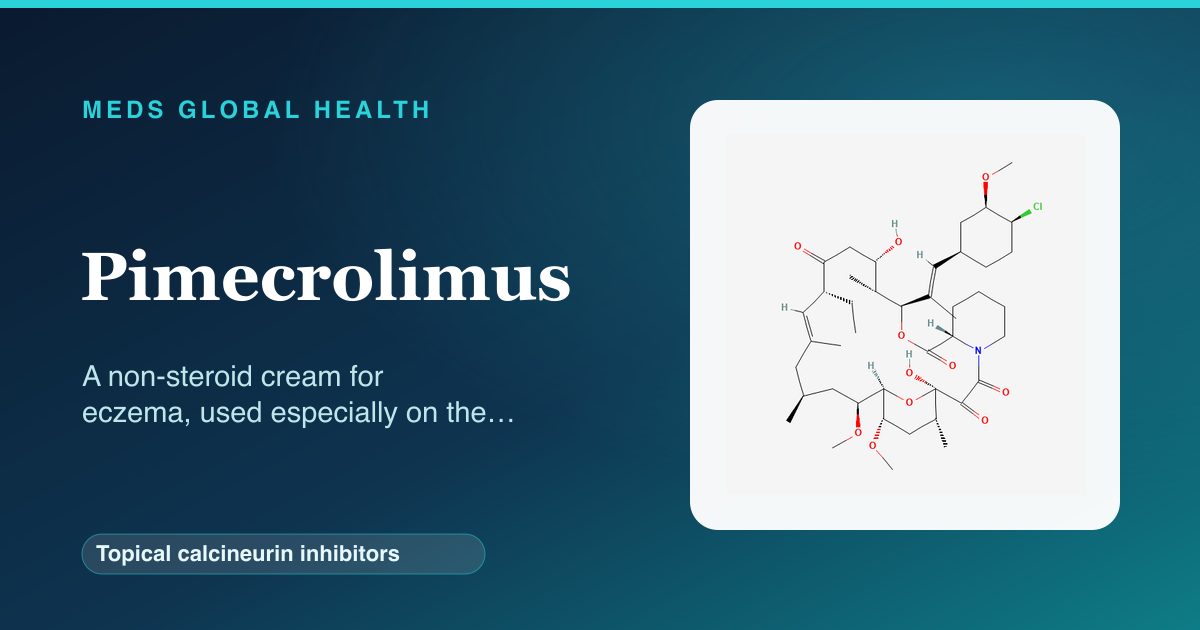 Pimecrolimus (Topical calcineurin inhibitors) — Meds Global Health reference card with 2D molecular structure