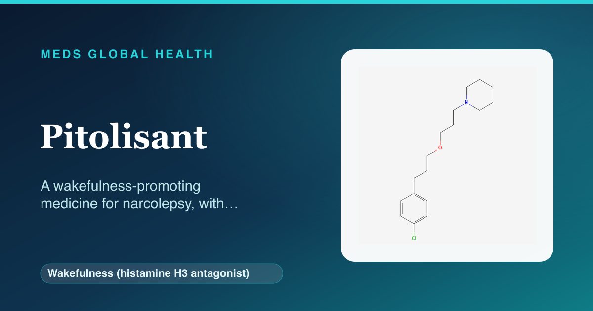 Pitolisant (Wakefulness (histamine H3 antagonist)) — Meds Global Health reference card with 2D molecular structure