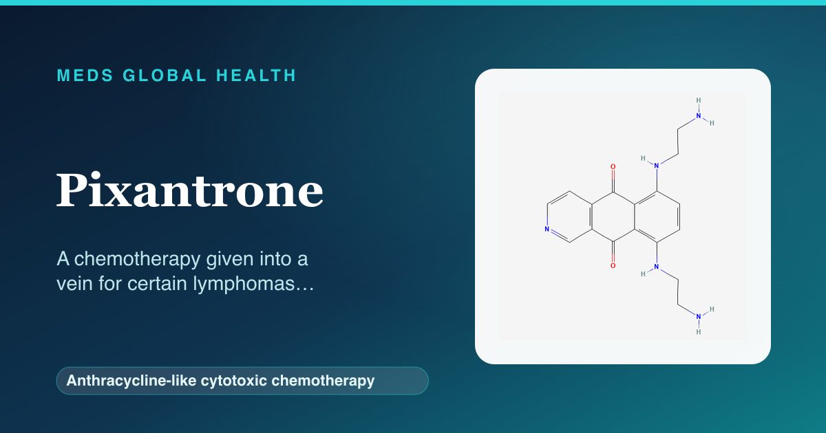 Pixantrone (Anthracycline-like cytotoxic chemotherapy) — Meds Global Health reference card with 2D molecular structure
