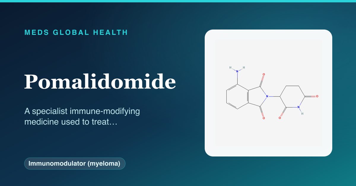 Pomalidomide (Immunomodulator (myeloma)) — Meds Global Health reference card with 2D molecular structure