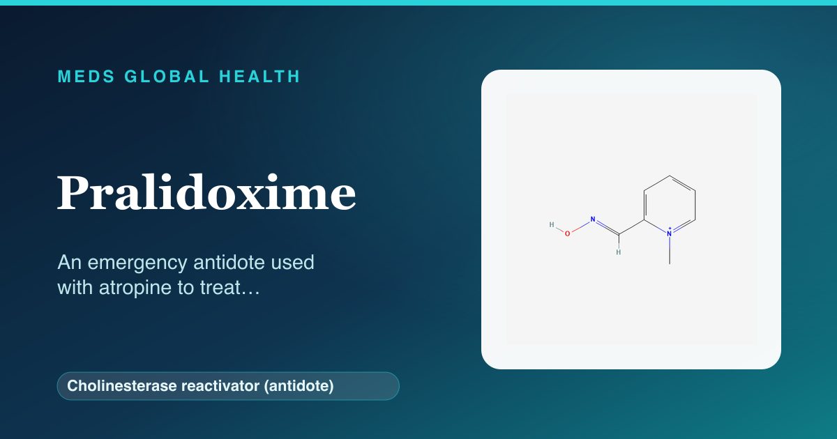 Pralidoxime (Cholinesterase reactivator (antidote)) — Meds Global Health reference card with 2D molecular structure