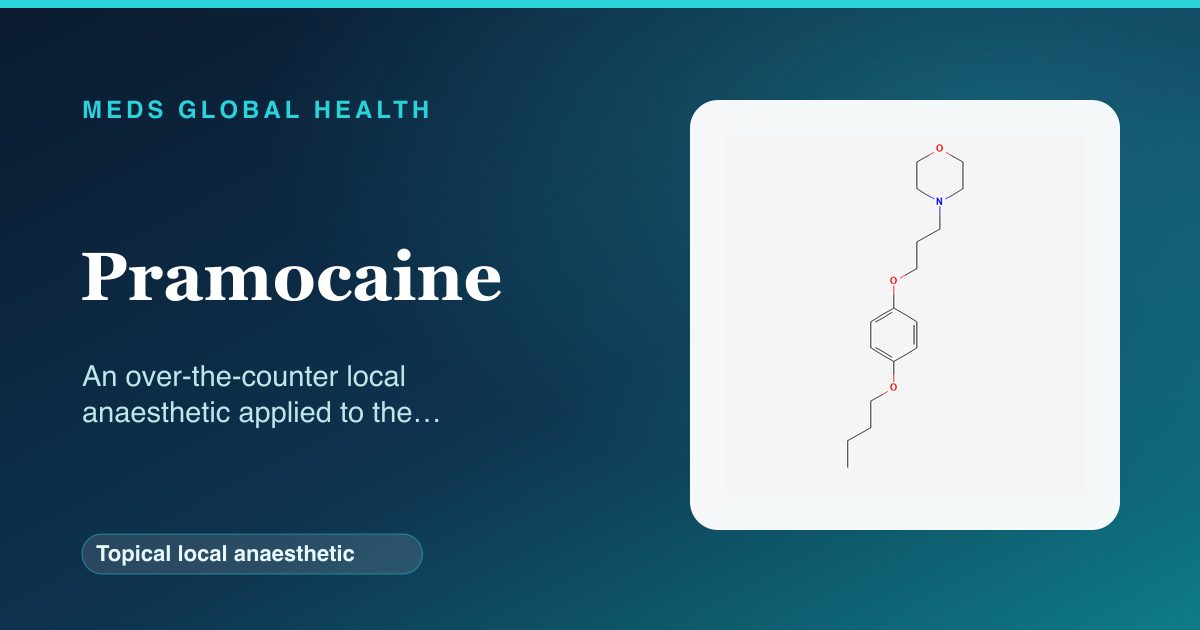 Pramocaine (Topical local anaesthetic) — Meds Global Health reference card with 2D molecular structure