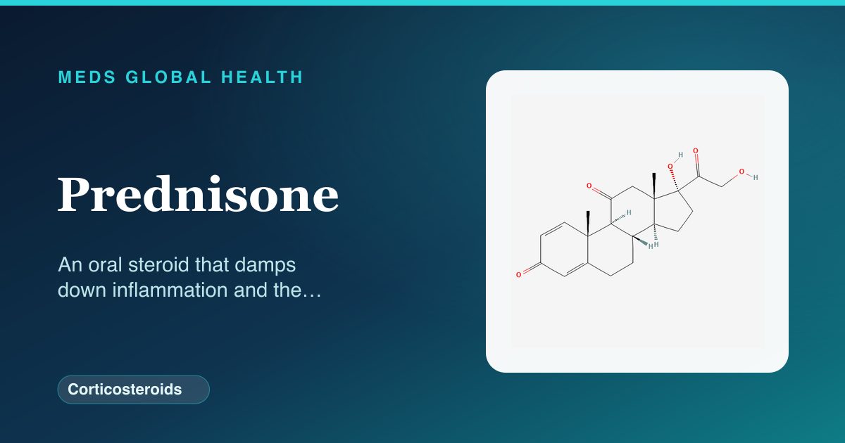 Prednisone (Corticosteroids) — Meds Global Health reference card with 2D molecular structure