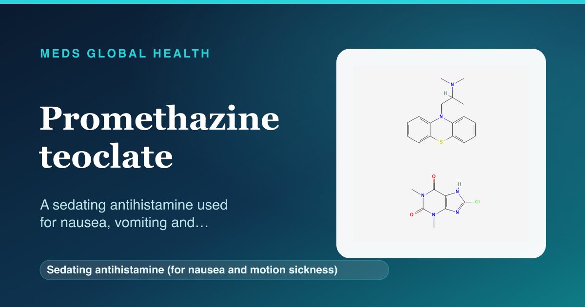 Promethazine teoclate (Sedating antihistamine (for nausea and motion sickness)) — Meds Global Health reference card with 2D molecular structure