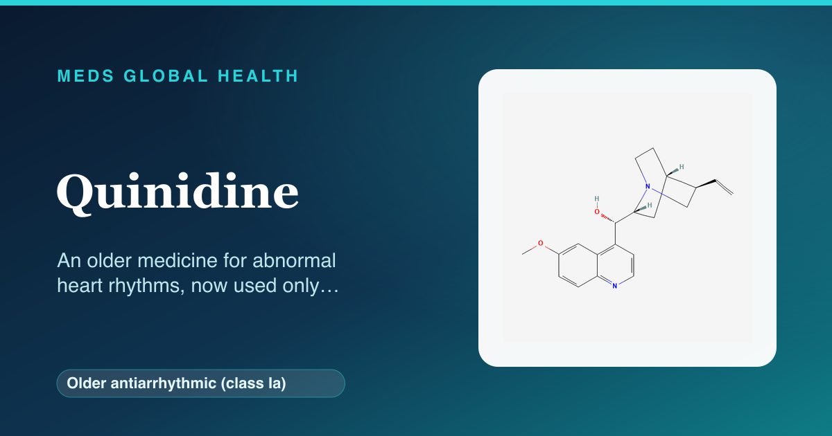Quinidine (Older antiarrhythmic (class Ia)) — Meds Global Health reference card with 2D molecular structure