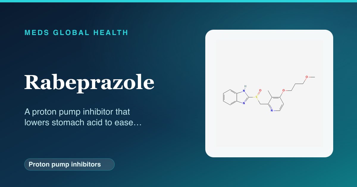 Rabeprazole (Proton pump inhibitors) — Meds Global Health reference card with 2D molecular structure