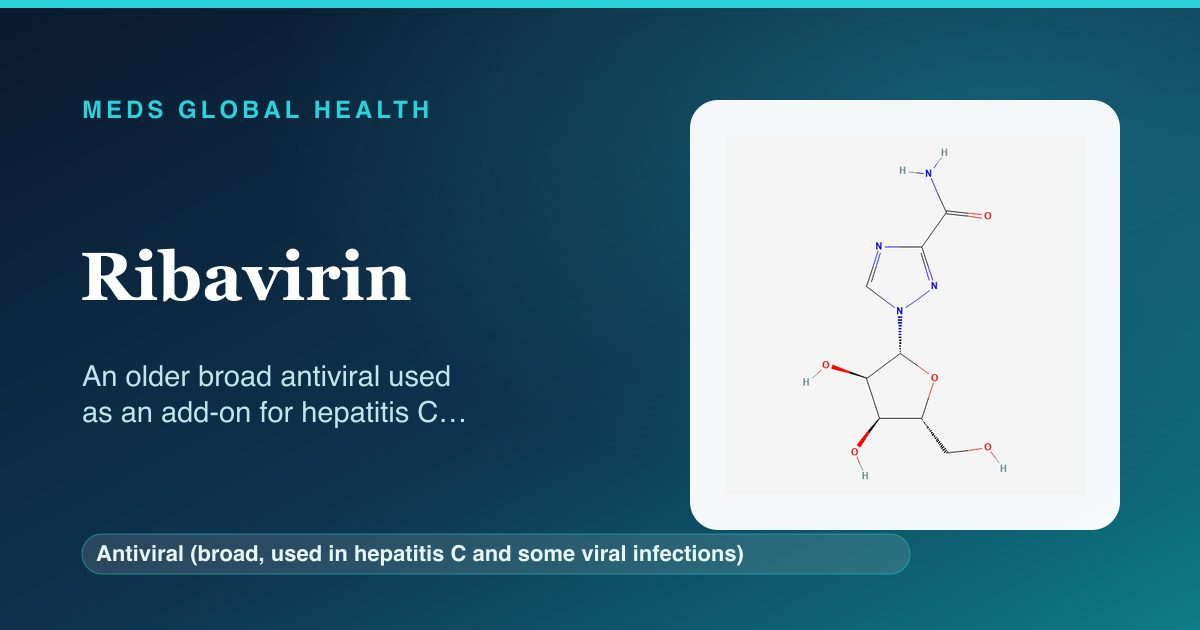 Ribavirin (Antiviral (broad, used in hepatitis C and some viral infections)) — Meds Global Health reference card with 2D molecular structure