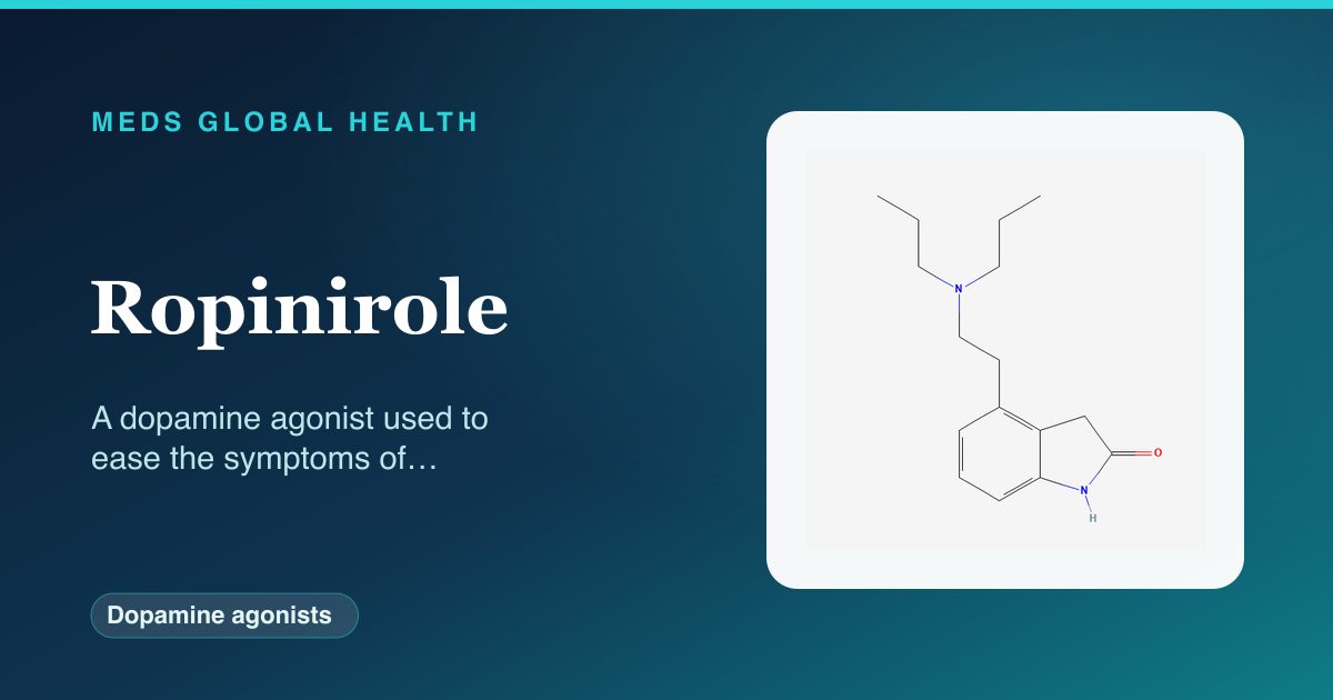 Ropinirole (Dopamine agonists) — Meds Global Health reference card with 2D molecular structure