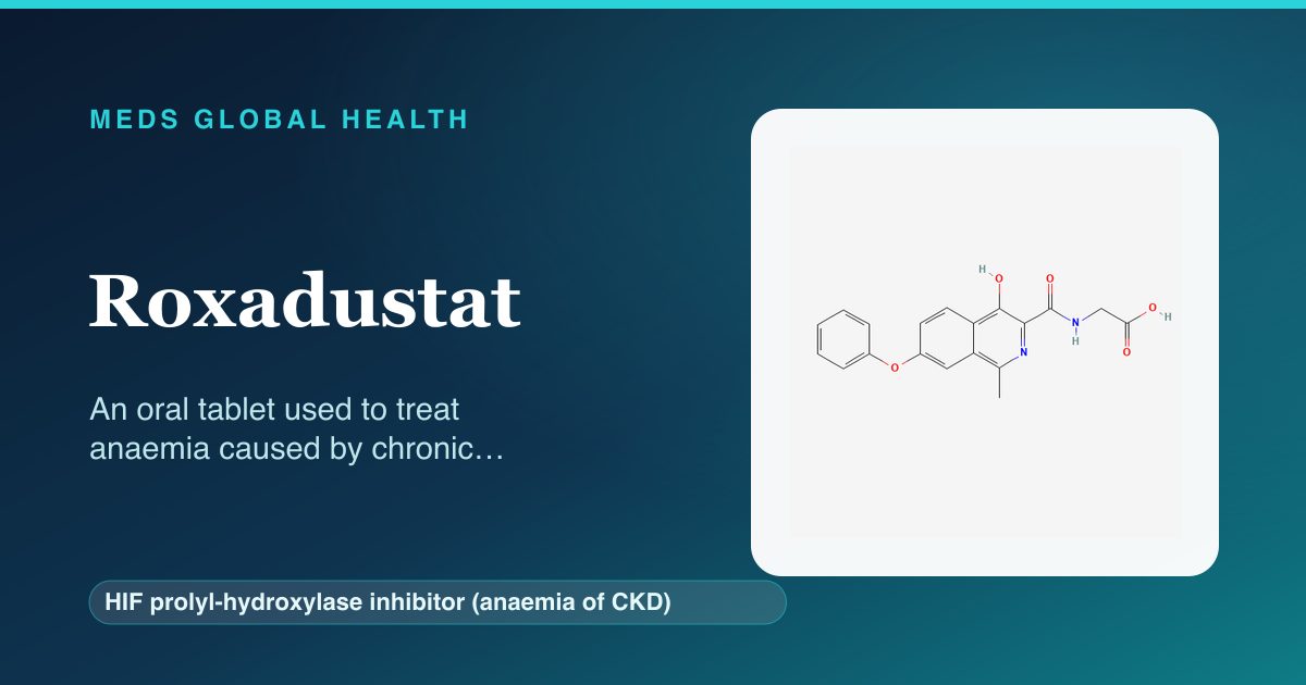 Roxadustat (HIF prolyl-hydroxylase inhibitor (anaemia of CKD)) — Meds Global Health reference card with 2D molecular structure