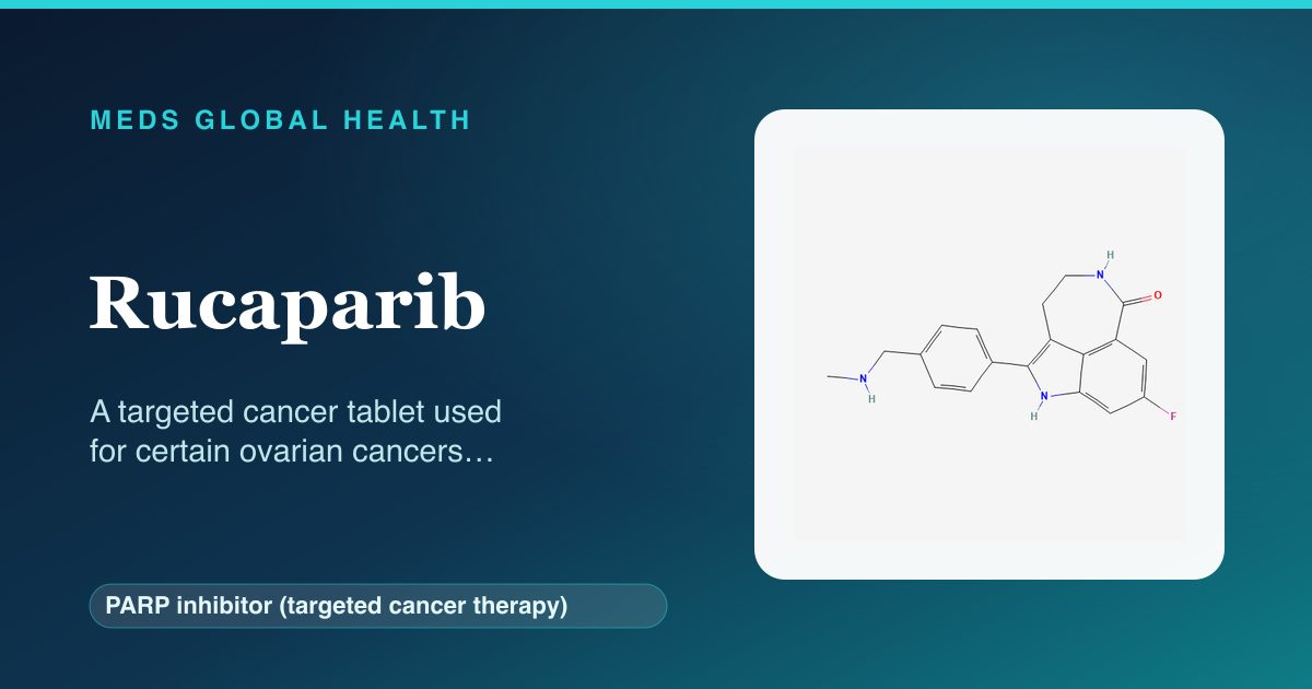 Rucaparib (PARP inhibitor (targeted cancer therapy)) — Meds Global Health reference card with 2D molecular structure