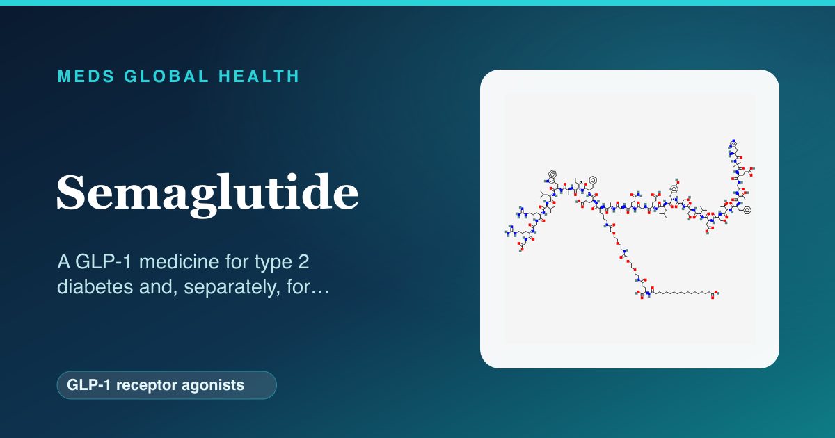 Semaglutide (GLP-1 receptor agonists) — Meds Global Health reference card with 2D molecular structure