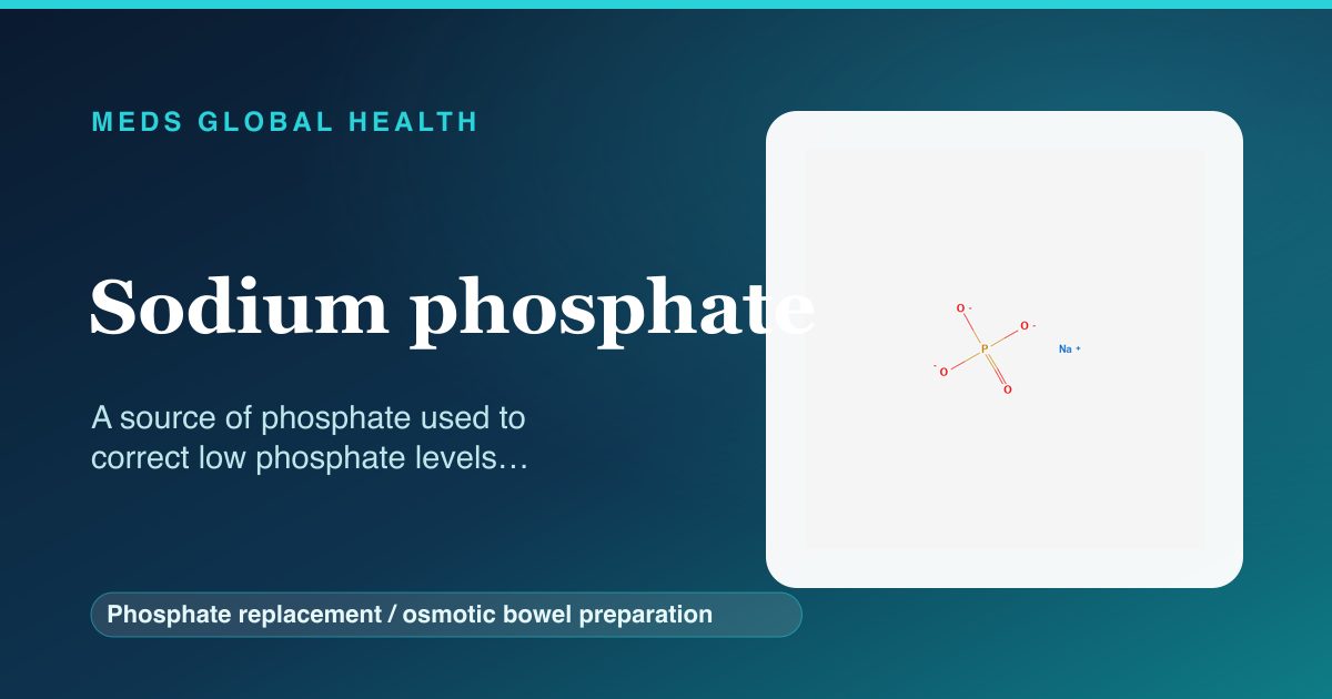 Sodium phosphate (Phosphate replacement / osmotic bowel preparation) — Meds Global Health reference card with 2D molecular structure