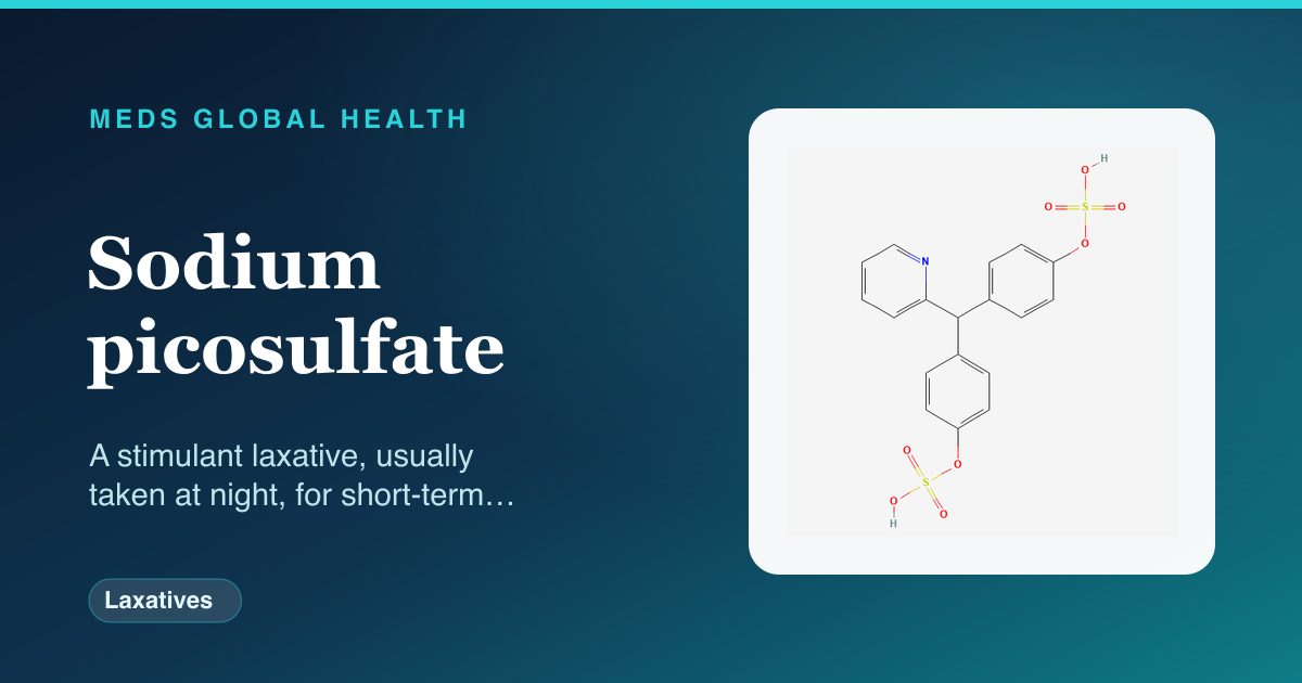 Sodium picosulfate (Laxatives) — Meds Global Health reference card with 2D molecular structure