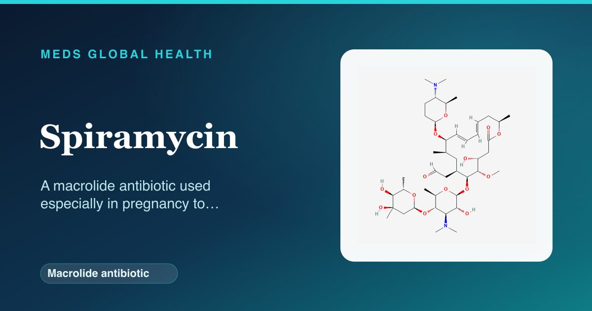 Spiramycin (Macrolide antibiotic) — Meds Global Health reference card with 2D molecular structure