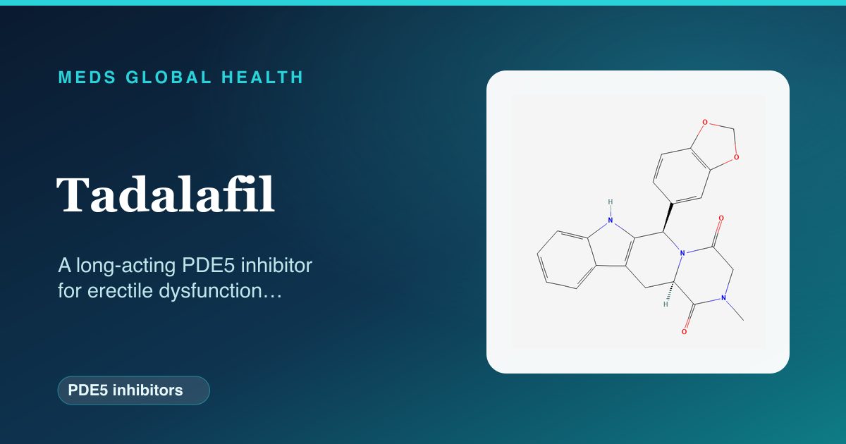 Tadalafil (PDE5 inhibitors) — Meds Global Health reference card with 2D molecular structure