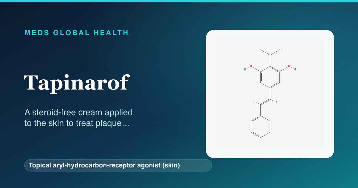 Tapinarof (Topical aryl-hydrocarbon-receptor agonist (skin)) — Meds Global Health reference card with 2D molecular structure