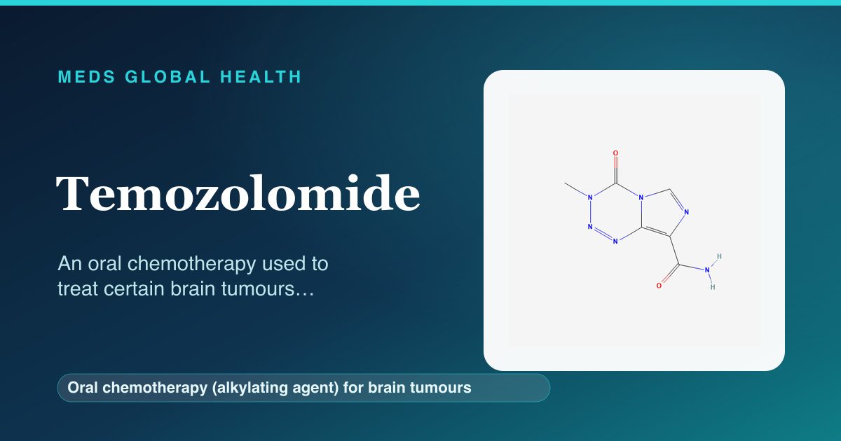 Temozolomide (Oral chemotherapy (alkylating agent) for brain tumours) — Meds Global Health reference card with 2D molecular structure
