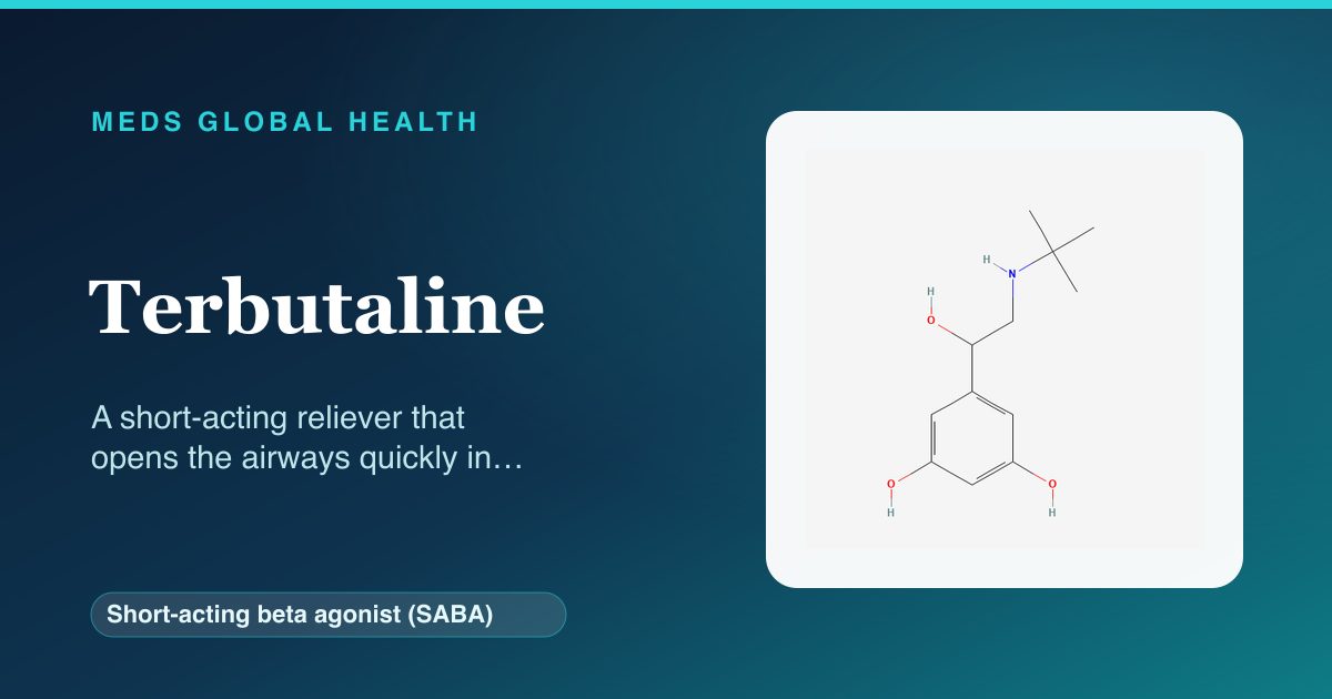 Terbutaline (Short-acting beta agonist (SABA)) — Meds Global Health reference card with 2D molecular structure