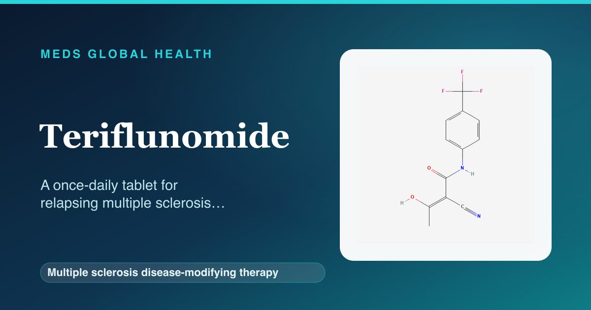 Teriflunomide (Multiple sclerosis disease-modifying therapy) — Meds Global Health reference card with 2D molecular structure