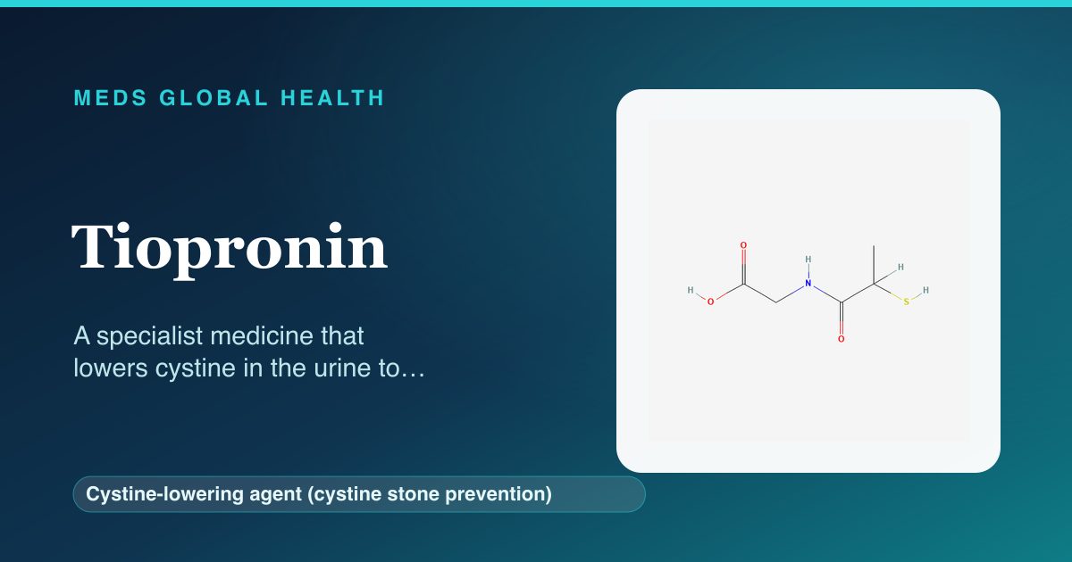 Tiopronin (Cystine-lowering agent (cystine stone prevention)) — Meds Global Health reference card with 2D molecular structure
