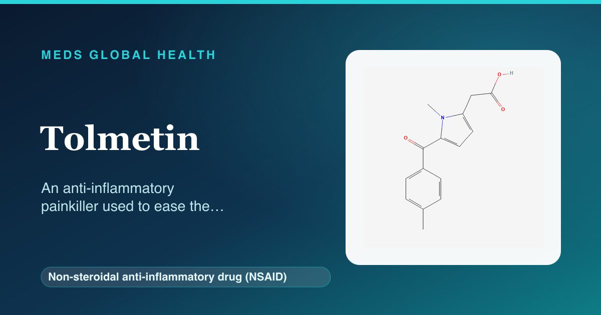 Tolmetin (Non-steroidal anti-inflammatory drug (NSAID)) — Meds Global Health reference card with 2D molecular structure