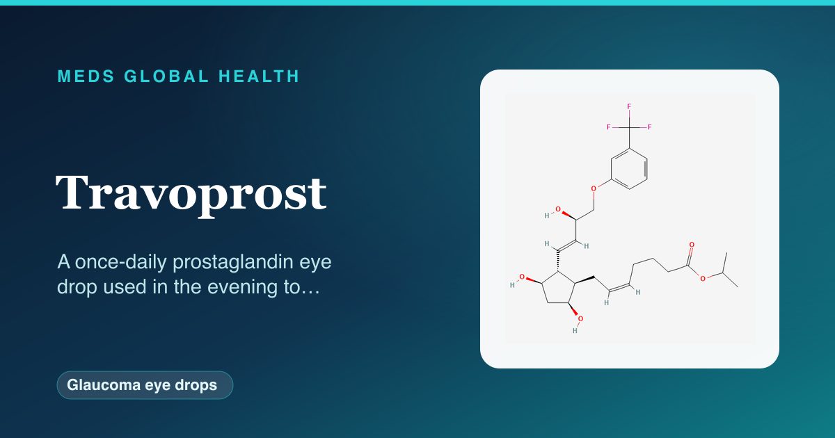 Travoprost (Glaucoma eye drops) — Meds Global Health reference card with 2D molecular structure