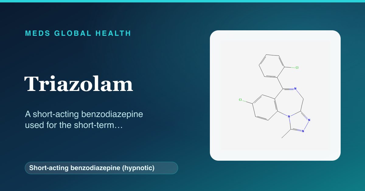Triazolam (Short-acting benzodiazepine (hypnotic)) — Meds Global Health reference card with 2D molecular structure