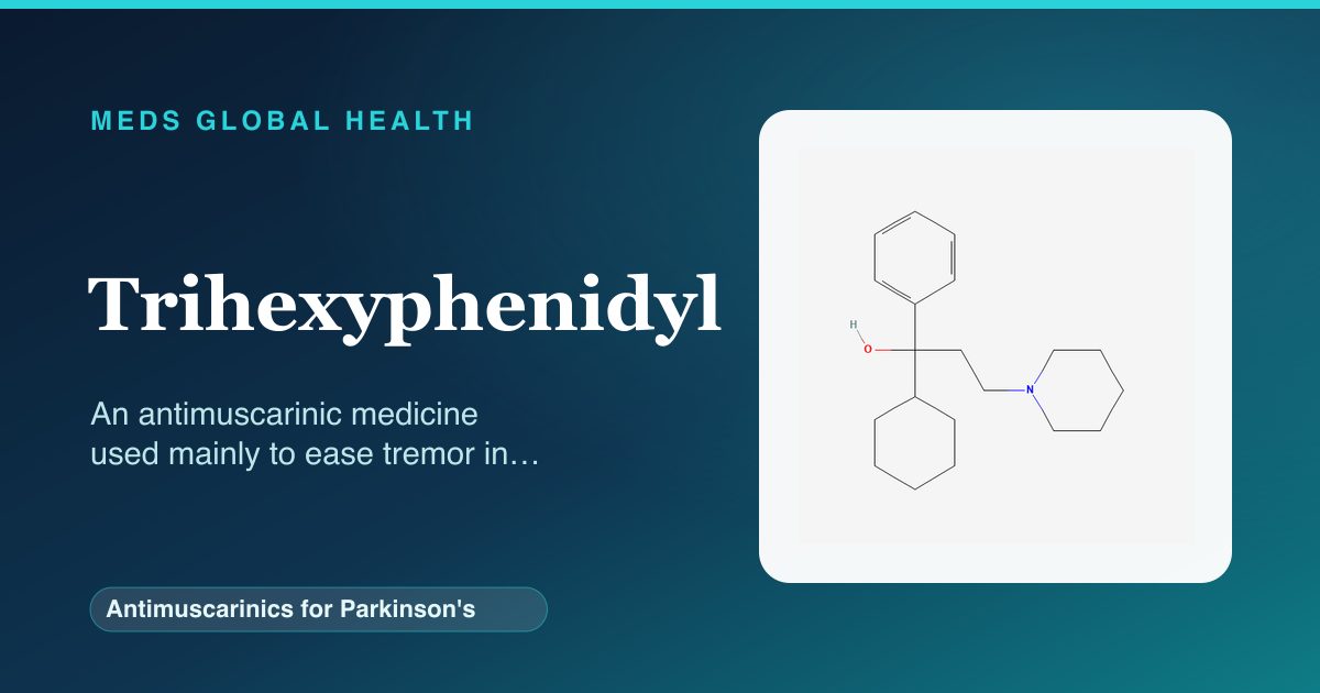 Trihexyphenidyl (Antimuscarinics for Parkinson's) — Meds Global Health reference card with 2D molecular structure