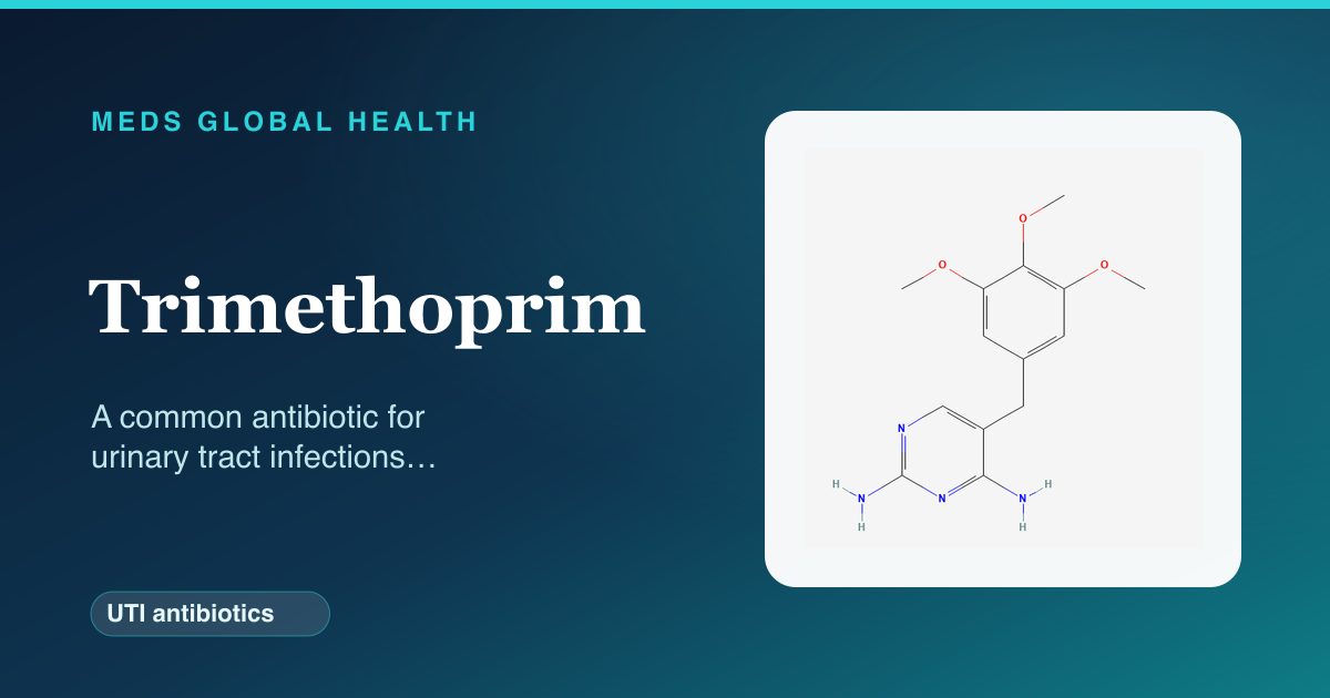 Trimethoprim (UTI antibiotics) — Meds Global Health reference card with 2D molecular structure