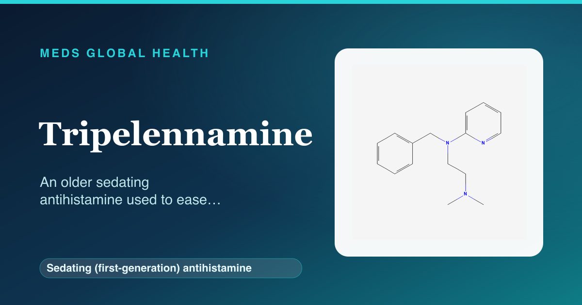 Tripelennamine (Sedating (first-generation) antihistamine) — Meds Global Health reference card with 2D molecular structure