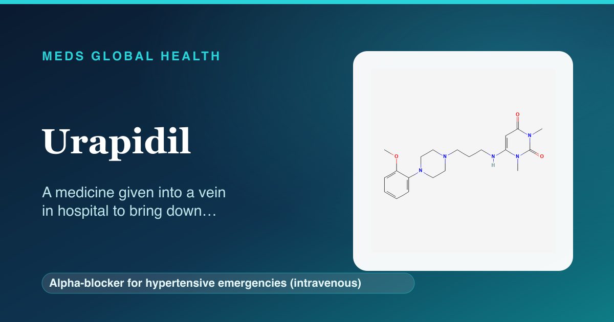 Urapidil (Alpha-blocker for hypertensive emergencies (intravenous)) — Meds Global Health reference card with 2D molecular structure
