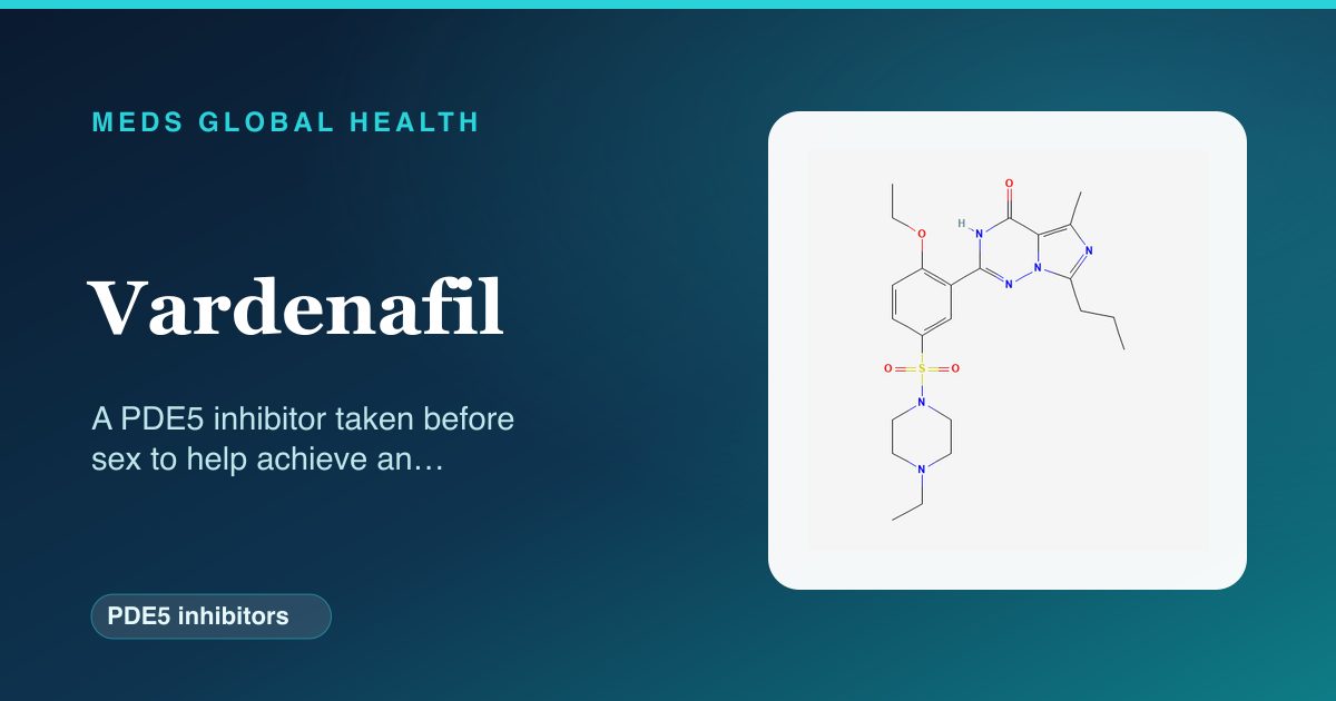 Vardenafil (PDE5 inhibitors) — Meds Global Health reference card with 2D molecular structure