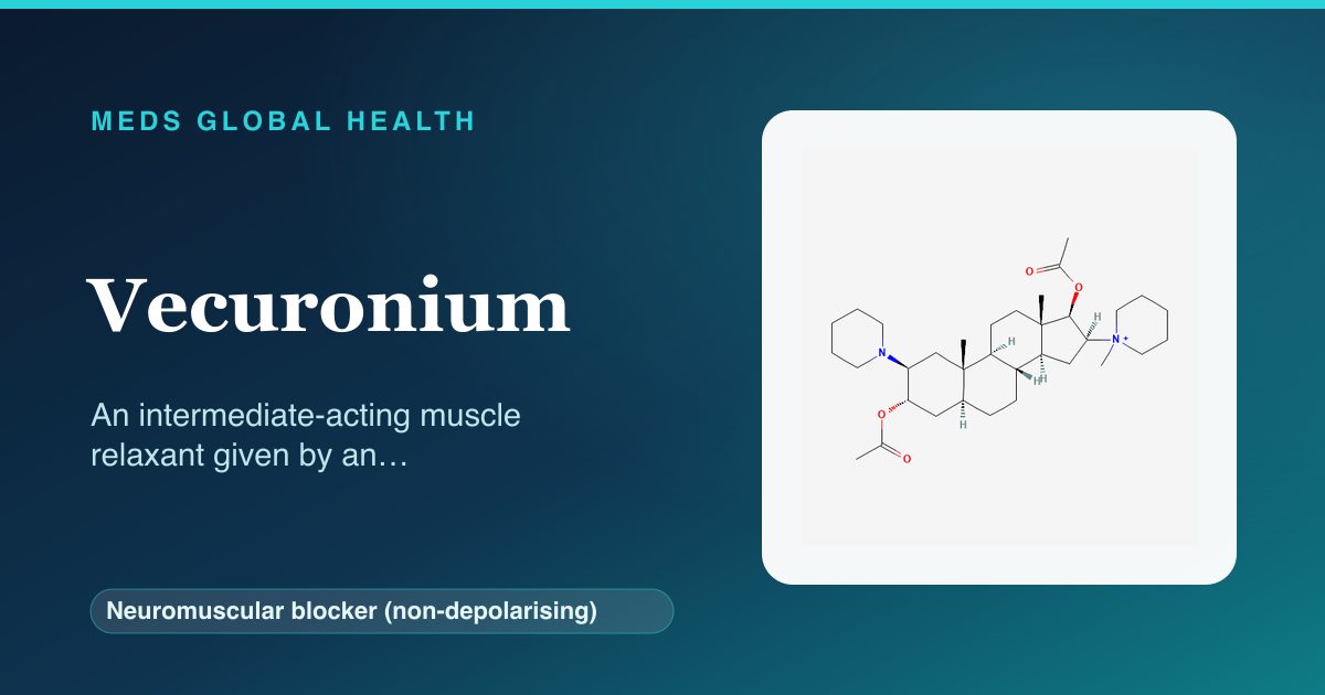 Vecuronium (Neuromuscular blocker (non-depolarising)) — Meds Global Health reference card with 2D molecular structure