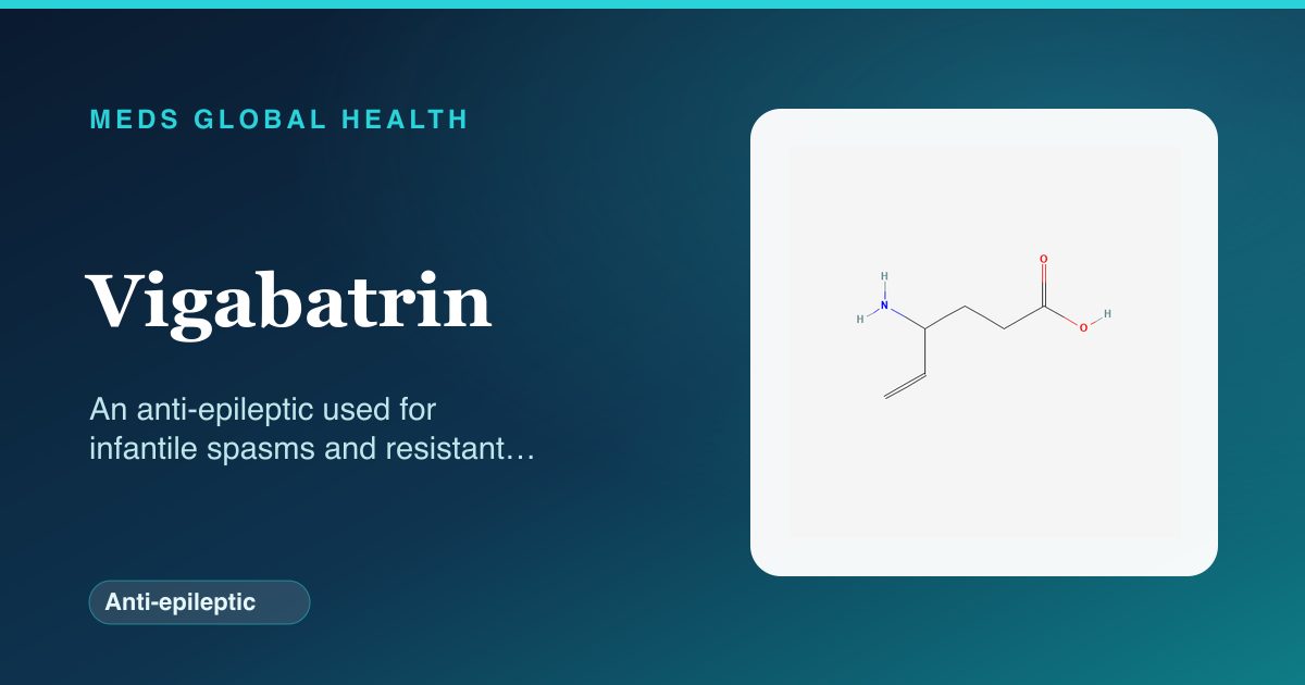 Vigabatrin (Anti-epileptic) — Meds Global Health reference card with 2D molecular structure