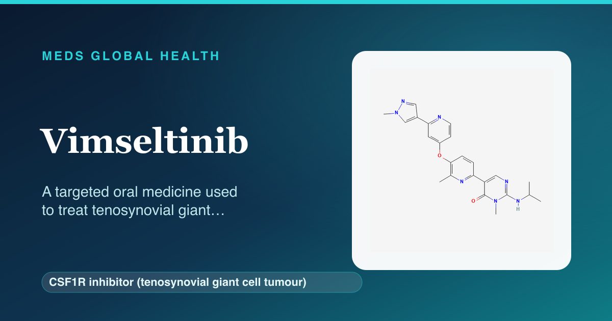 Vimseltinib (CSF1R inhibitor (tenosynovial giant cell tumour)) — Meds Global Health reference card with 2D molecular structure