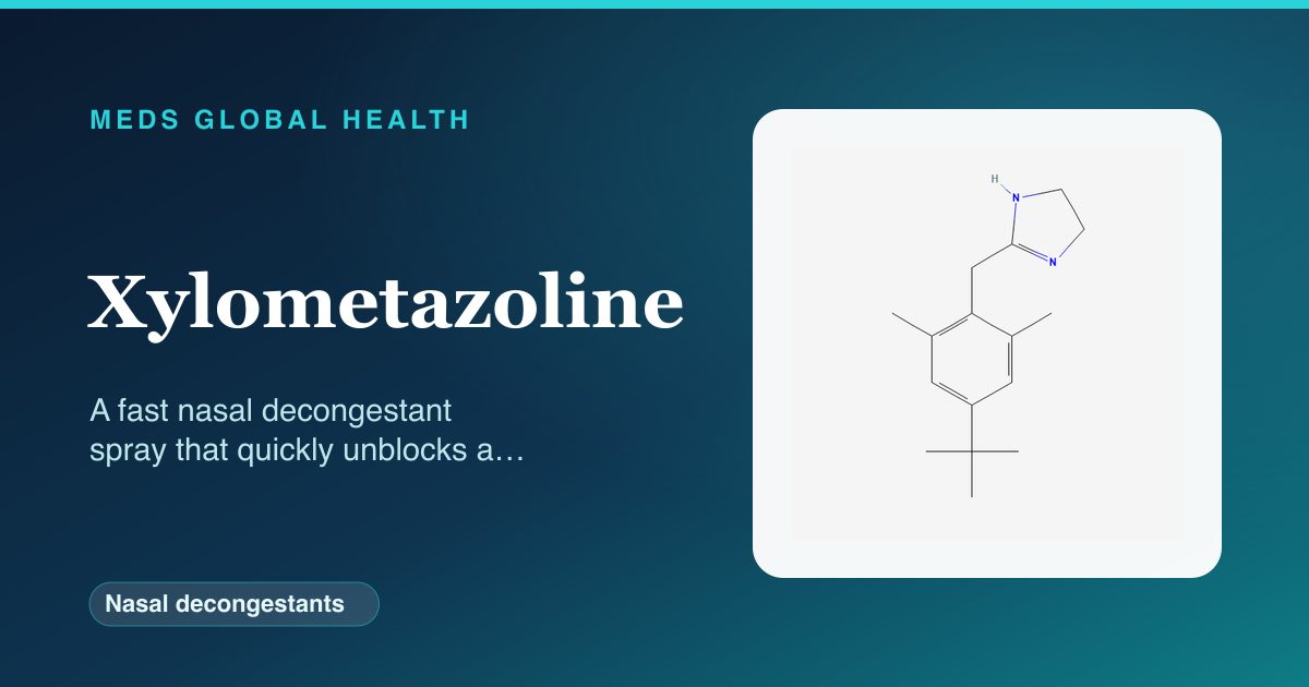 Xylometazoline (Nasal decongestants) — Meds Global Health reference card with 2D molecular structure