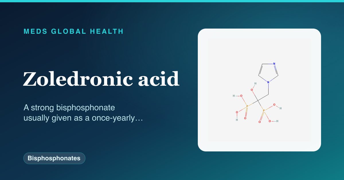 Zoledronic acid (Bisphosphonates) — Meds Global Health reference card with 2D molecular structure